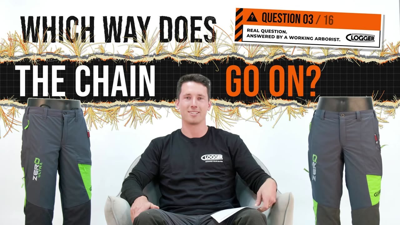 Clogger Answers question 3 of 16: Which way does the chain go on? Phil, a working arborist, reads the question